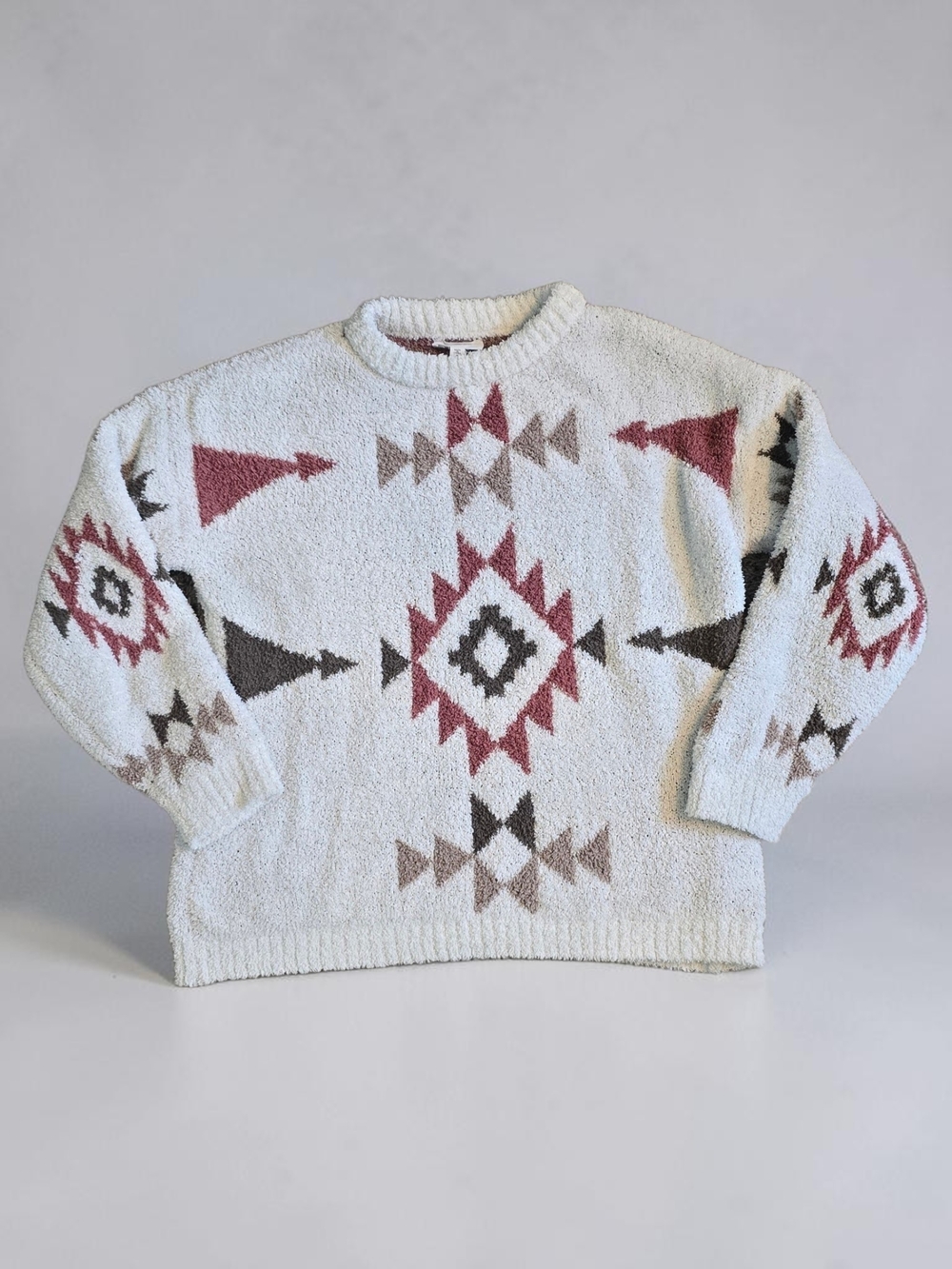Textured Aztec Crewneck Sweater - White with Rust & Taupe